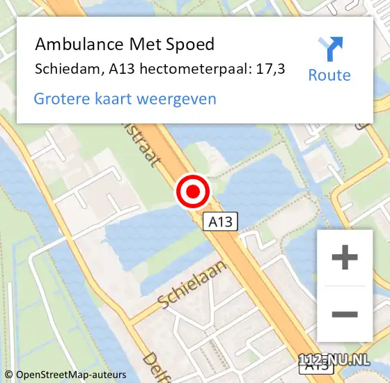 Locatie op kaart van de 112 melding: Ambulance Met Spoed Naar Schiedam, A13 hectometerpaal: 17,3 op 9 oktober 2024 15:14