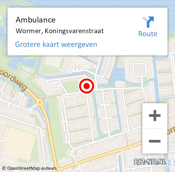 Locatie op kaart van de 112 melding: Ambulance Wormer, Koningsvarenstraat op 9 oktober 2024 15:17