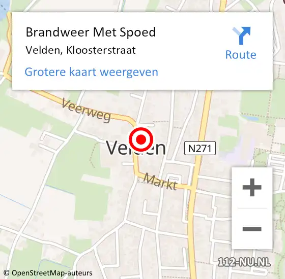 Locatie op kaart van de 112 melding: Brandweer Met Spoed Naar Velden, Kloosterstraat op 9 oktober 2024 15:40