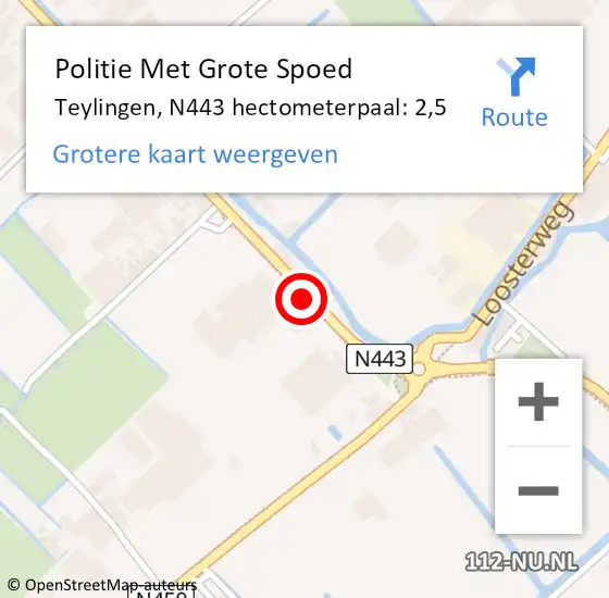 Locatie op kaart van de 112 melding: Politie Met Grote Spoed Naar Teylingen, N443 hectometerpaal: 2,5 op 9 oktober 2024 16:08