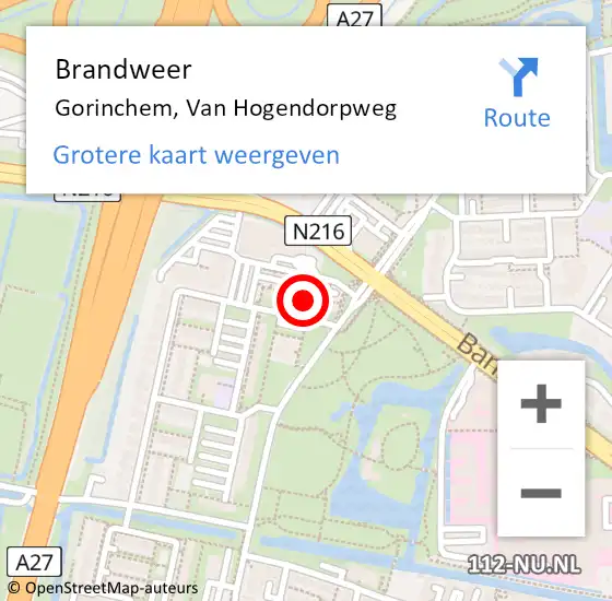 Locatie op kaart van de 112 melding: Brandweer Gorinchem, Van Hogendorpweg op 9 oktober 2024 16:36