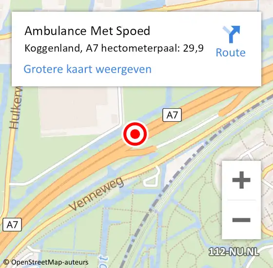 Locatie op kaart van de 112 melding: Ambulance Met Spoed Naar Koggenland, A7 hectometerpaal: 29,9 op 9 oktober 2024 16:59