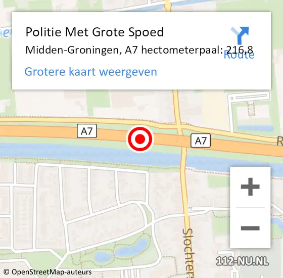 Locatie op kaart van de 112 melding: Politie Met Grote Spoed Naar Midden-Groningen, A7 hectometerpaal: 216,8 op 9 oktober 2024 16:59