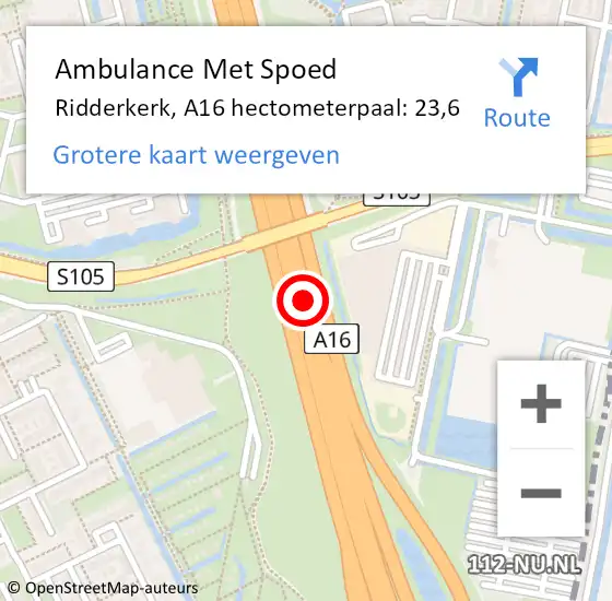 Locatie op kaart van de 112 melding: Ambulance Met Spoed Naar Ridderkerk, A16 hectometerpaal: 23,6 op 9 oktober 2024 17:26