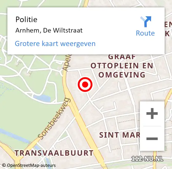 Locatie op kaart van de 112 melding: Politie Arnhem, De Wiltstraat op 9 oktober 2024 18:49