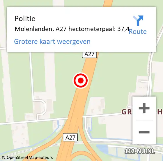 Locatie op kaart van de 112 melding: Politie Molenlanden, A27 hectometerpaal: 37,4 op 9 oktober 2024 18:49