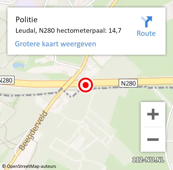 Locatie op kaart van de 112 melding: Politie Leudal, N280 hectometerpaal: 14,7 op 9 oktober 2024 19:34