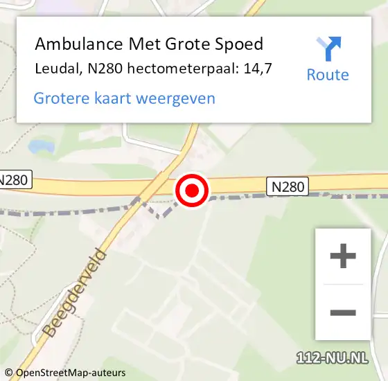 Locatie op kaart van de 112 melding: Ambulance Met Grote Spoed Naar Leudal, N280 hectometerpaal: 14,7 op 9 oktober 2024 19:41