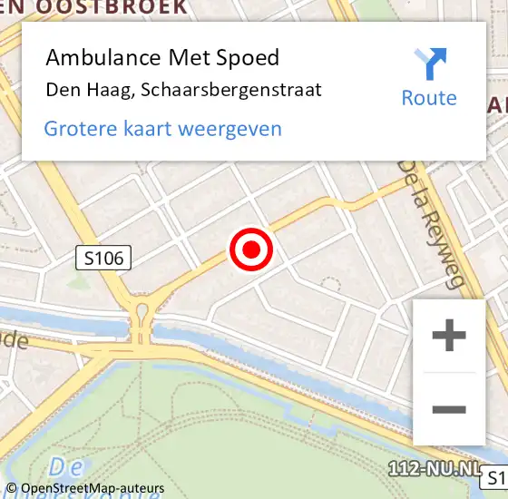 Locatie op kaart van de 112 melding: Ambulance Met Spoed Naar Den Haag, Schaarsbergenstraat op 9 oktober 2024 21:45