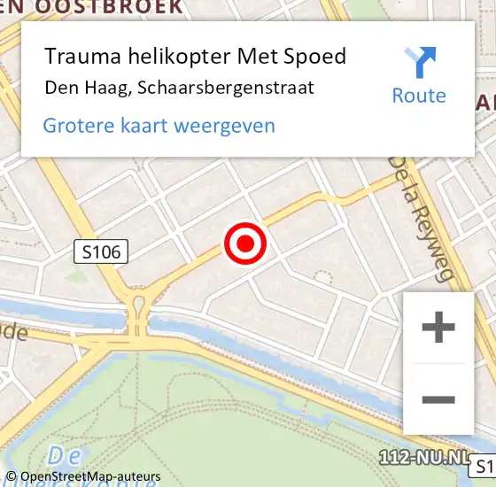 Locatie op kaart van de 112 melding: Trauma helikopter Met Spoed Naar Den Haag, Schaarsbergenstraat op 9 oktober 2024 21:59