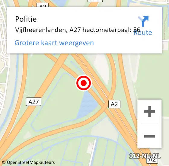 Locatie op kaart van de 112 melding: Politie Vijfheerenlanden, A27 hectometerpaal: 56 op 9 oktober 2024 22:12