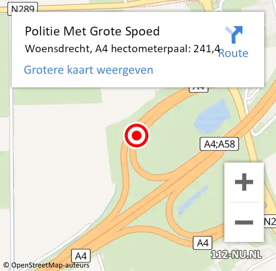 Locatie op kaart van de 112 melding: Politie Met Grote Spoed Naar Woensdrecht, A4 hectometerpaal: 241,4 op 9 oktober 2024 22:21