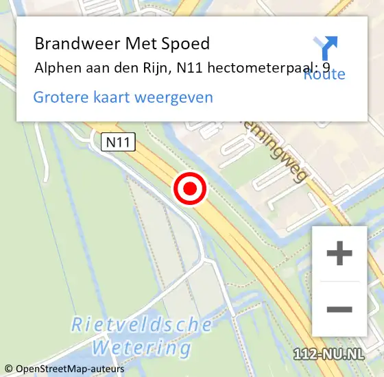 Locatie op kaart van de 112 melding: Brandweer Met Spoed Naar Alphen aan den Rijn, N11 hectometerpaal: 9 op 9 oktober 2024 23:07