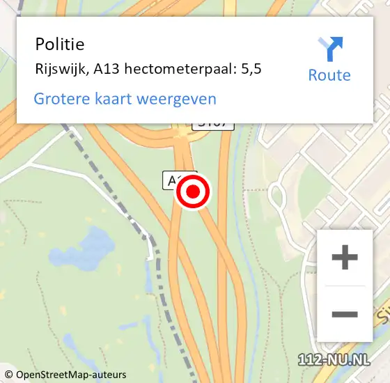 Locatie op kaart van de 112 melding: Politie Rijswijk, A13 hectometerpaal: 5,5 op 9 oktober 2024 23:33