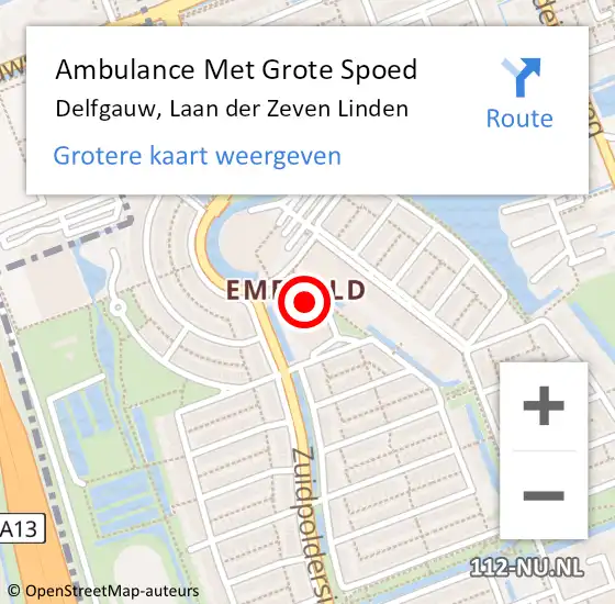 Locatie op kaart van de 112 melding: Ambulance Met Grote Spoed Naar Delfgauw, Laan der Zeven Linden op 10 oktober 2024 04:46