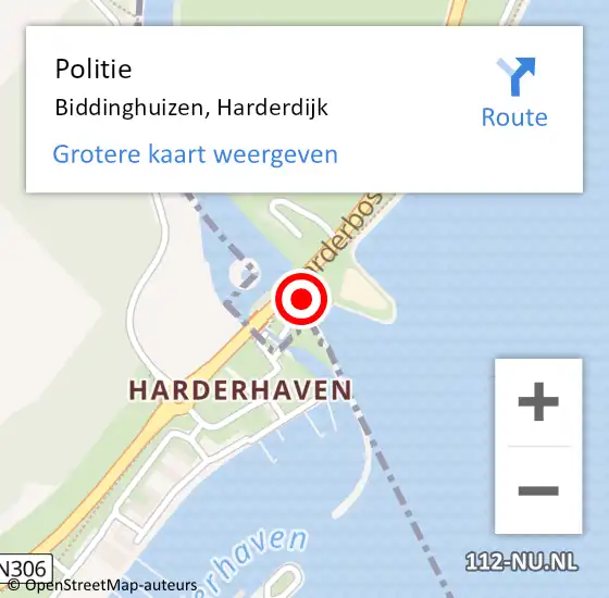 Locatie op kaart van de 112 melding: Politie Biddinghuizen, Harderdijk op 10 oktober 2024 06:13