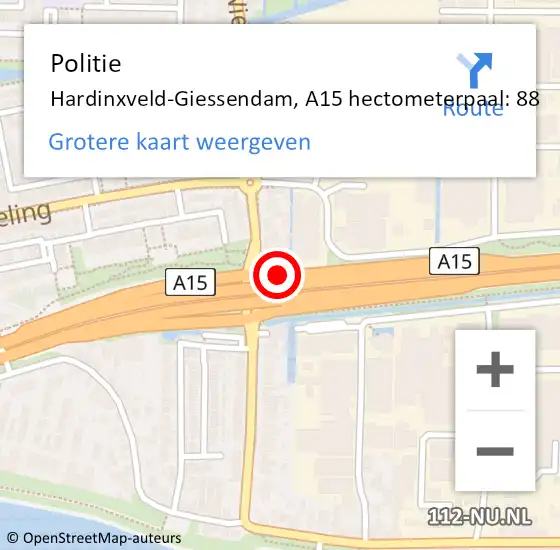 Locatie op kaart van de 112 melding: Politie Hardinxveld-Giessendam, A15 hectometerpaal: 88 op 10 oktober 2024 07:09