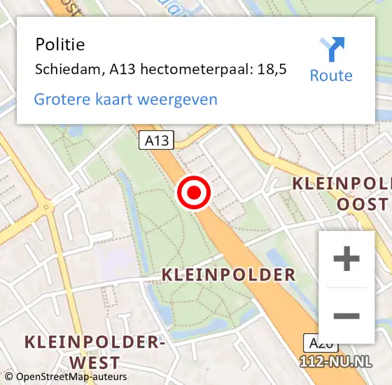 Locatie op kaart van de 112 melding: Politie Schiedam, A13 hectometerpaal: 18,5 op 10 oktober 2024 07:35