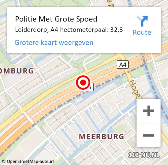 Locatie op kaart van de 112 melding: Politie Met Grote Spoed Naar Leiderdorp, A4 hectometerpaal: 32,3 op 10 oktober 2024 08:06