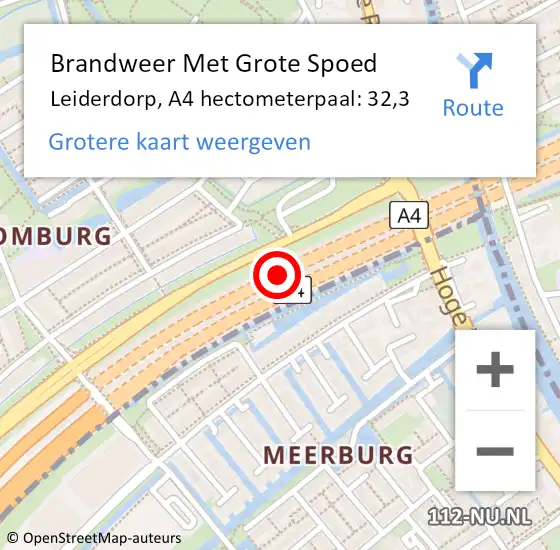 Locatie op kaart van de 112 melding: Brandweer Met Grote Spoed Naar Leiderdorp, A4 hectometerpaal: 32,3 op 10 oktober 2024 08:07