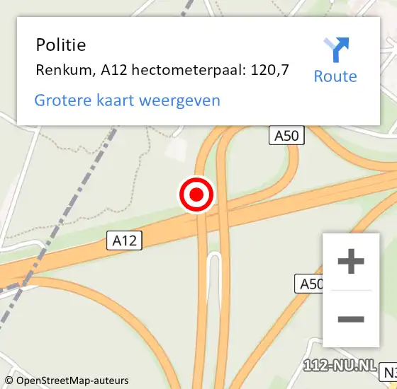 Locatie op kaart van de 112 melding: Politie Renkum, A12 hectometerpaal: 120,7 op 10 oktober 2024 08:29