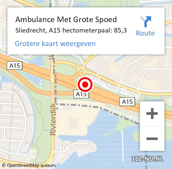 Locatie op kaart van de 112 melding: Ambulance Met Grote Spoed Naar Sliedrecht, A15 hectometerpaal: 85,3 op 10 oktober 2024 08:40