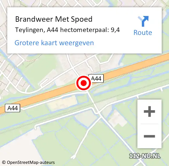 Locatie op kaart van de 112 melding: Brandweer Met Spoed Naar Teylingen, A44 hectometerpaal: 9,4 op 10 oktober 2024 08:48