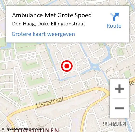 Locatie op kaart van de 112 melding: Ambulance Met Grote Spoed Naar Den Haag, Duke Ellingtonstraat op 10 oktober 2024 10:59