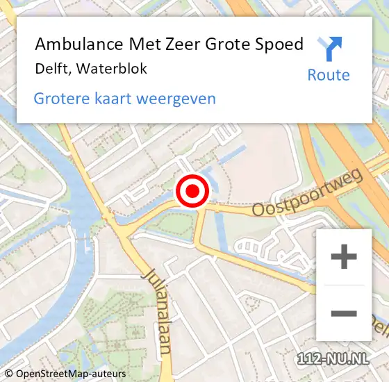 Locatie op kaart van de 112 melding: Ambulance Met Zeer Grote Spoed Naar Delft, Waterblok op 10 oktober 2024 11:21