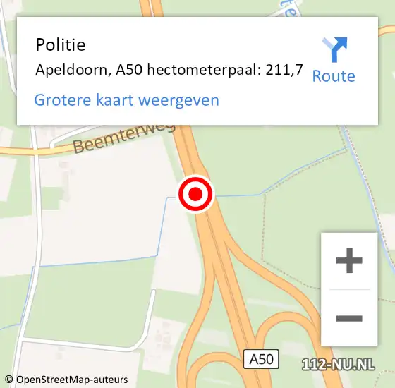 Locatie op kaart van de 112 melding: Politie Apeldoorn, A50 hectometerpaal: 211,7 op 10 oktober 2024 12:14