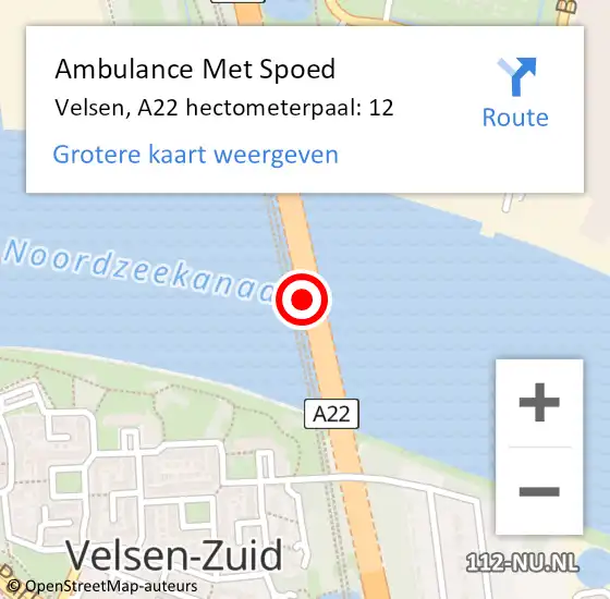 Locatie op kaart van de 112 melding: Ambulance Met Spoed Naar Velsen, A22 hectometerpaal: 12 op 10 oktober 2024 12:19