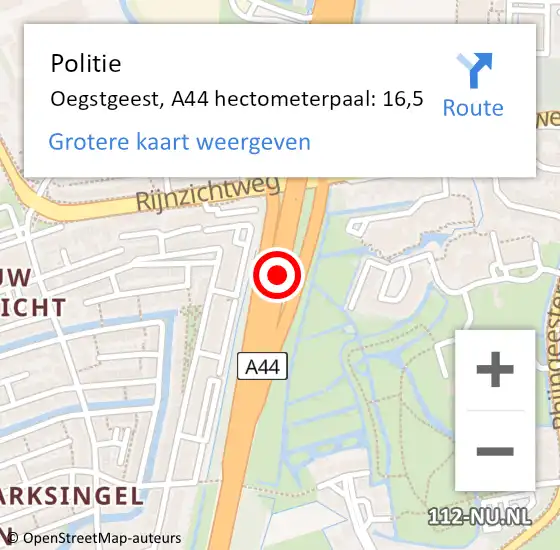 Locatie op kaart van de 112 melding: Politie Oegstgeest, A44 hectometerpaal: 16,5 op 10 oktober 2024 12:28