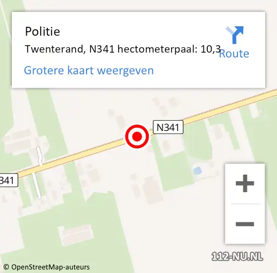 Locatie op kaart van de 112 melding: Politie Twenterand, N341 hectometerpaal: 10,3 op 10 oktober 2024 15:22