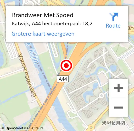 Locatie op kaart van de 112 melding: Brandweer Met Spoed Naar Katwijk, A44 hectometerpaal: 18,2 op 10 oktober 2024 16:06