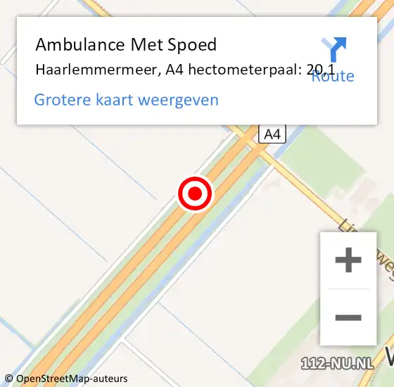 Locatie op kaart van de 112 melding: Ambulance Met Spoed Naar Haarlemmermeer, A4 hectometerpaal: 20,1 op 10 oktober 2024 16:41