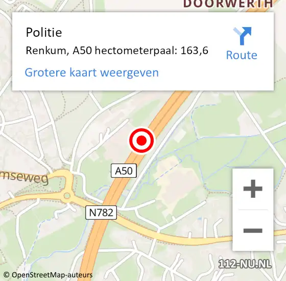 Locatie op kaart van de 112 melding: Politie Renkum, A50 hectometerpaal: 163,6 op 10 oktober 2024 17:08