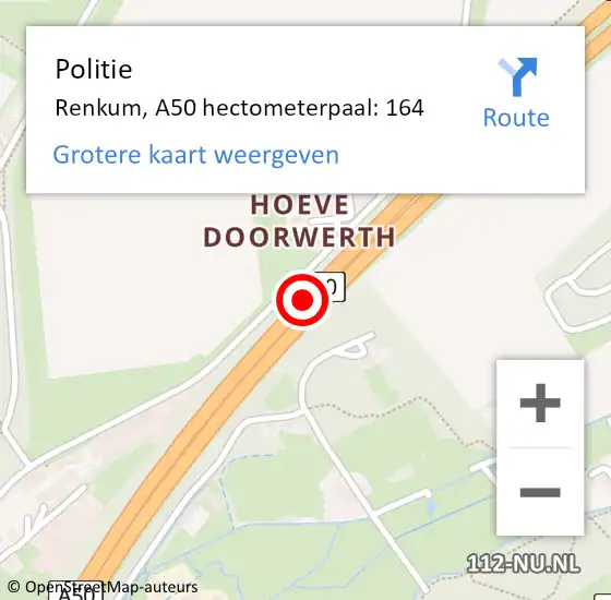 Locatie op kaart van de 112 melding: Politie Renkum, A50 hectometerpaal: 164 op 10 oktober 2024 17:08