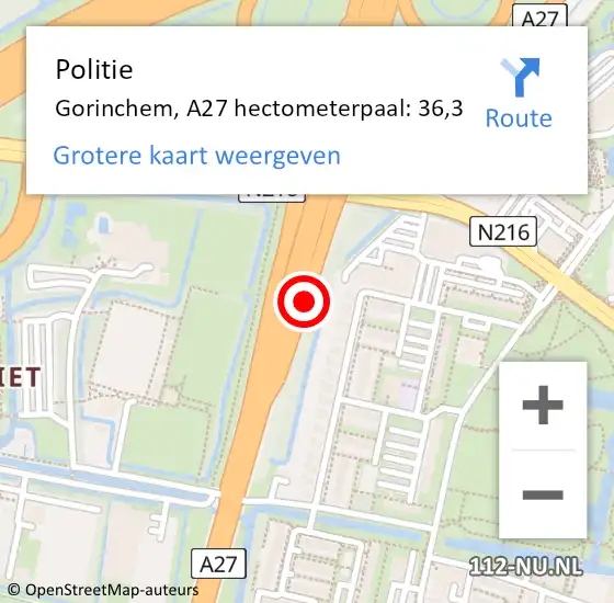 Locatie op kaart van de 112 melding: Politie Gorinchem, A27 hectometerpaal: 36,3 op 10 oktober 2024 17:13