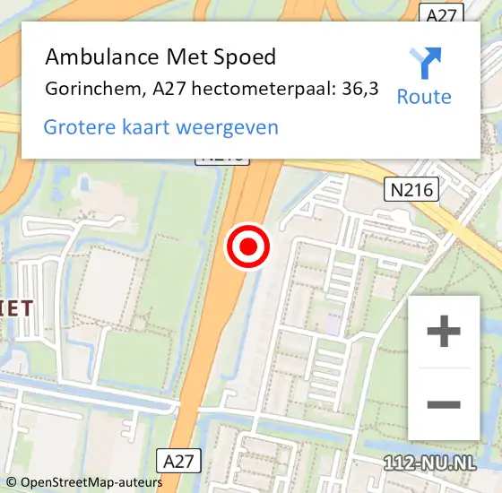 Locatie op kaart van de 112 melding: Ambulance Met Spoed Naar Gorinchem, A27 hectometerpaal: 36,3 op 10 oktober 2024 17:16