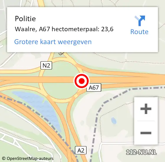 Locatie op kaart van de 112 melding: Politie Waalre, A67 hectometerpaal: 23,6 op 10 oktober 2024 17:27