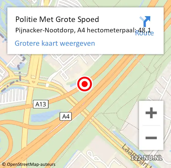 Locatie op kaart van de 112 melding: Politie Met Grote Spoed Naar Pijnacker-Nootdorp, A4 hectometerpaal: 48,1 op 10 oktober 2024 17:53