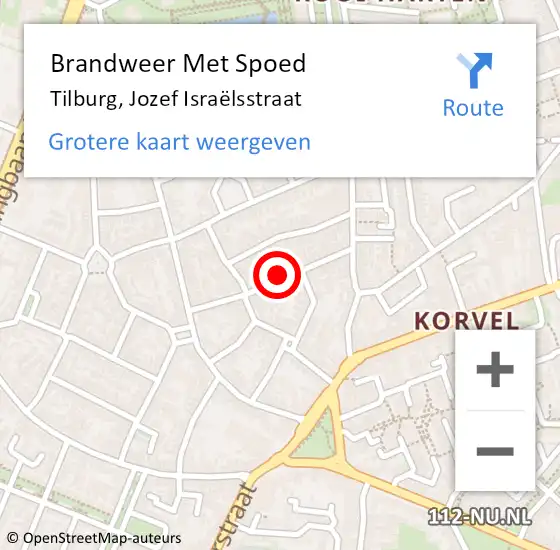 Locatie op kaart van de 112 melding: Brandweer Met Spoed Naar Tilburg, Jozef Israëlsstraat op 10 oktober 2024 17:54