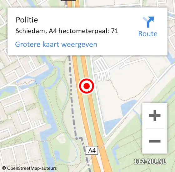 Locatie op kaart van de 112 melding: Politie Schiedam, A4 hectometerpaal: 71 op 10 oktober 2024 18:15