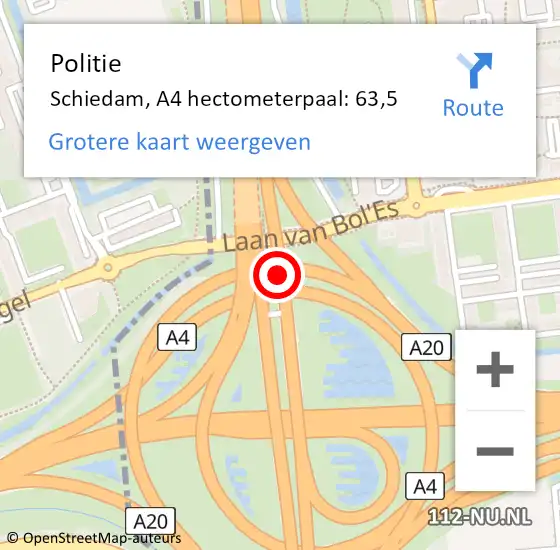 Locatie op kaart van de 112 melding: Politie Schiedam, A4 hectometerpaal: 63,5 op 10 oktober 2024 18:26