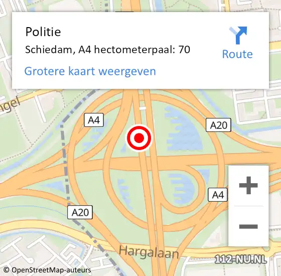 Locatie op kaart van de 112 melding: Politie Schiedam, A4 hectometerpaal: 70 op 10 oktober 2024 18:38