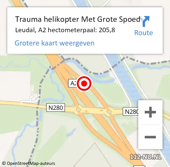 Locatie op kaart van de 112 melding: Trauma helikopter Met Grote Spoed Naar Leudal, A2 hectometerpaal: 205,8 op 10 oktober 2024 19:36