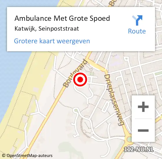 Locatie op kaart van de 112 melding: Ambulance Met Grote Spoed Naar Katwijk, Seinpoststraat op 10 oktober 2024 20:41