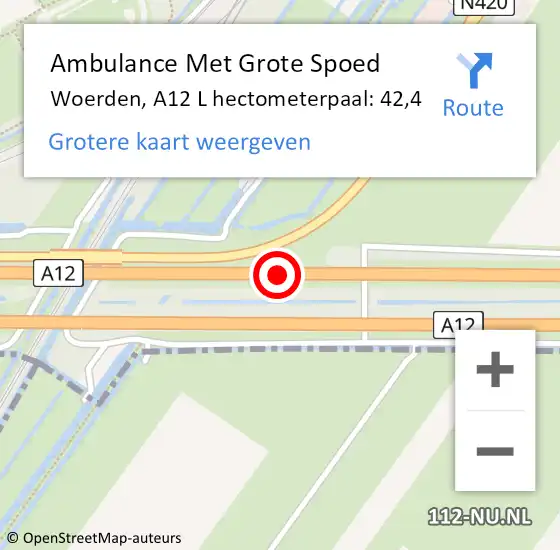 Locatie op kaart van de 112 melding: Ambulance Met Grote Spoed Naar Woerden, A12 L hectometerpaal: 42,6 op 23 oktober 2014 02:06