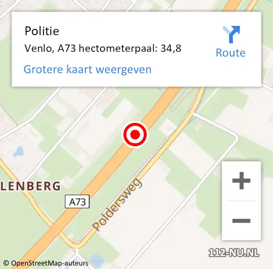 Locatie op kaart van de 112 melding: Politie Venlo, A73 hectometerpaal: 34,8 op 11 oktober 2024 04:37