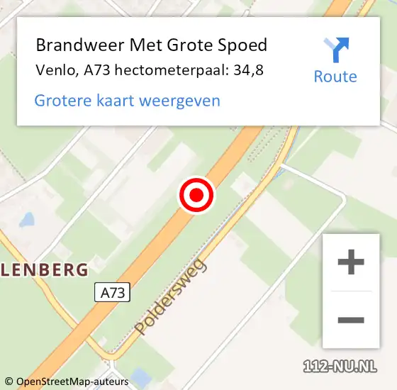 Locatie op kaart van de 112 melding: Brandweer Met Grote Spoed Naar Venlo, A73 hectometerpaal: 34,8 op 11 oktober 2024 04:39